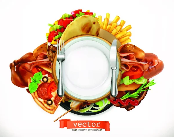Logo Restauration Rapide Sandwich Steak Poulet Frites Tacos Saucisses Pizza — Image vectorielle