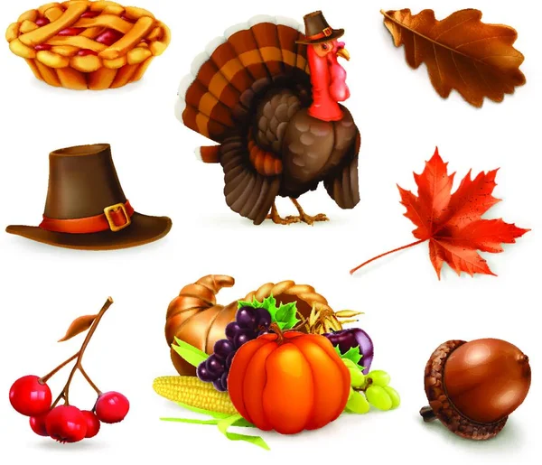 Happy Thanksgiving Cartoon Character Objects Vector Icon Set — Stock Vector
