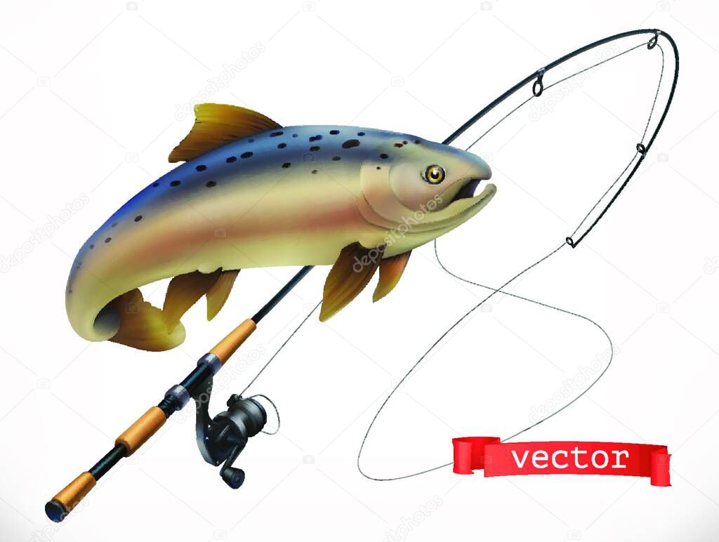 Fish and fishing rod. 3d vector icon