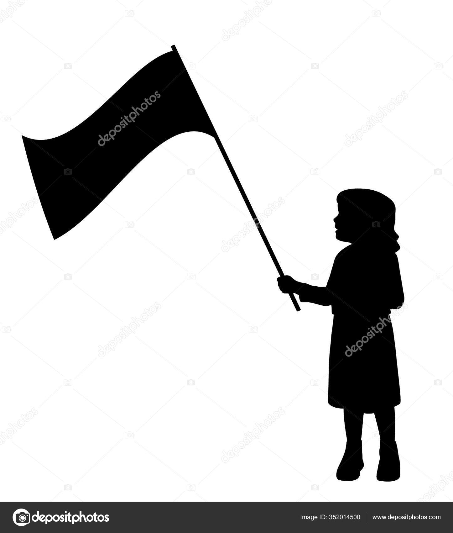 Illustration Silhouette Little Girl Holding Flag Isolated White