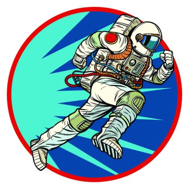 astronaut runs forward round logo symbol icon. Pop art retro vector illustration vintage kitsch clipart
