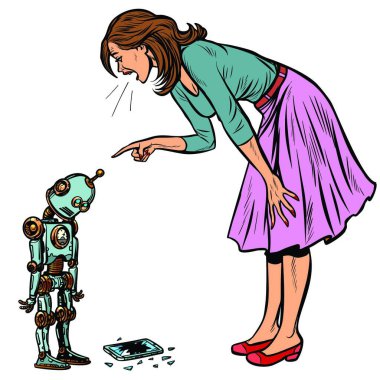 robot broke the phone. Woman scolds guilty. Pop art retro vector illustration vintage kitsch clipart