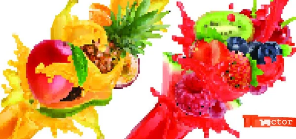 Prasklo Ovoce Šplouchnutí Džusu Sladké Tropické Ovoce Míchané Bobule Mango — Stockový vektor