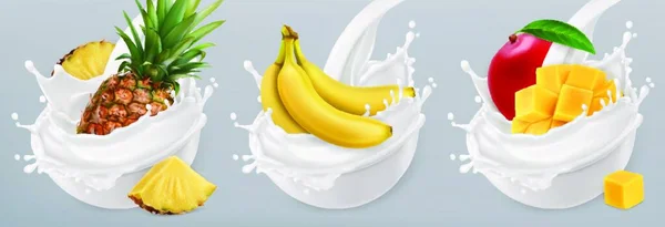 Yogur Frutas Plátano Mango Piña Salpicaduras Leche Vector Realista Icono — Archivo Imágenes Vectoriales