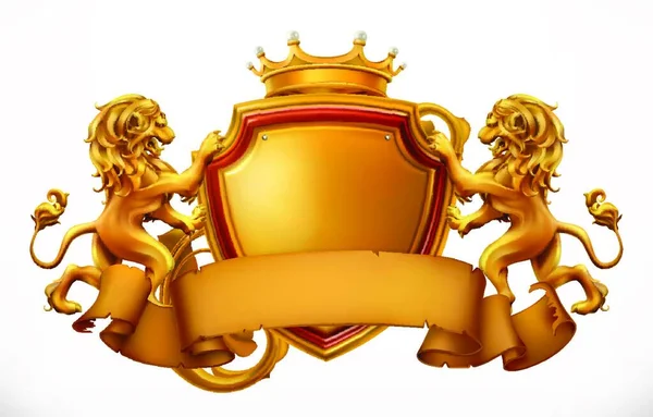 王冠とライオンと盾 3Dベクトルアイコン — ストックベクタ