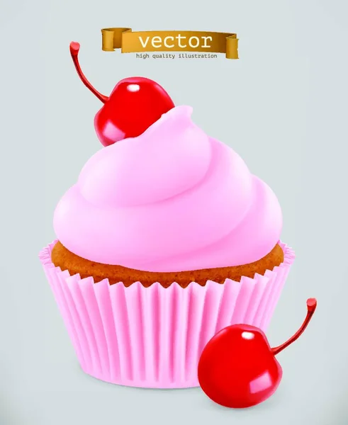 Cupcake Cerise Icône Vectorielle Réaliste — Image vectorielle