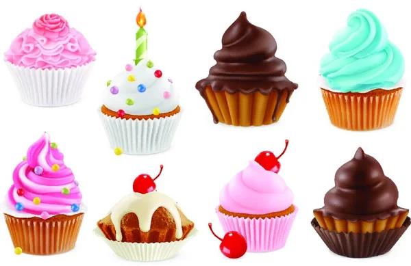 Cupcake Fairy Cake Realistic Vector Icon Set — Stock Vector