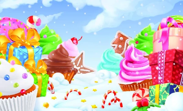 Cupcake Boîte Cadeau Paysage Doux Hiver Fond Noël Illustration Vectorielle — Image vectorielle