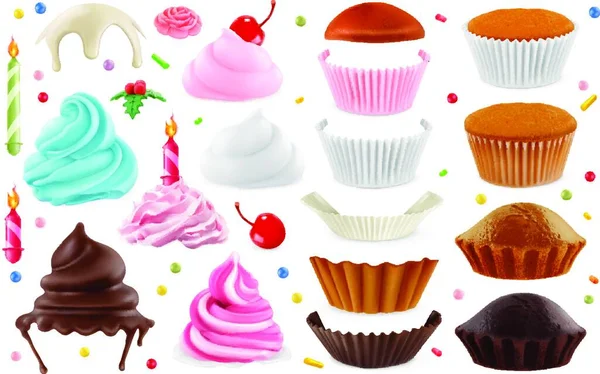 Cupcakes Maker Oluşturma Tasarım Unsurları Ayarlayın Gerçekçi Vektör Simgeler — Stok Vektör