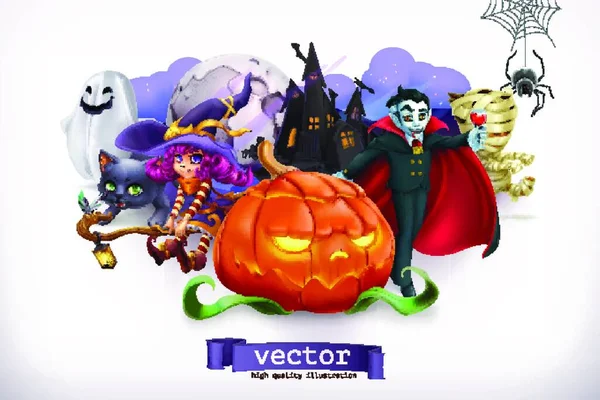 Fijne Halloween Pompoen Spin Kat Heks Vampier Vector Illustratie — Stockvector