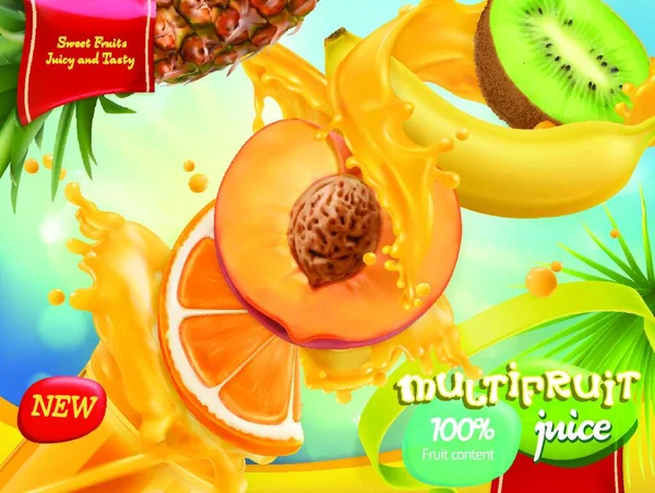 Jugo Multifruta Frutas Tropicales Dulces Vector Realista Diseño Del Paquete — Archivo Imágenes Vectoriales
