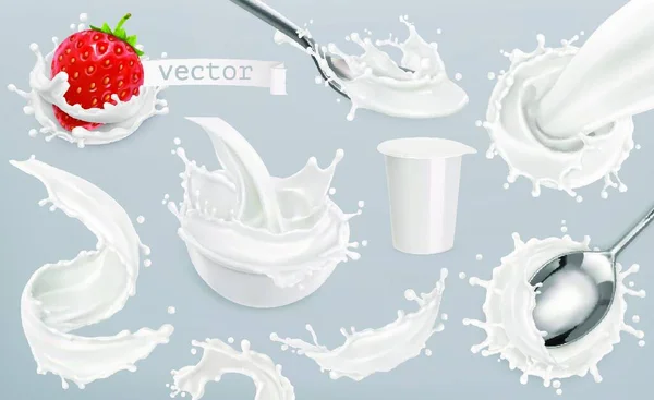 Yoghurt Mjölkstänk Uppsättning Vektorelement Förpackningsdesign — Stock vektor