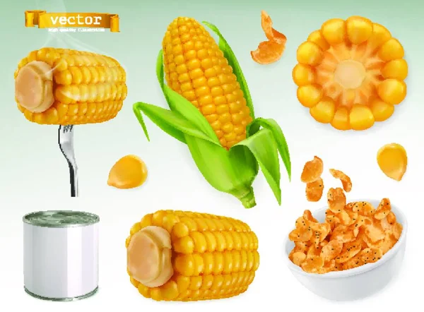 Maiskolben Körner Cornflakes Vektorelemente Einstellen Verpackungsdesign — Stockvektor