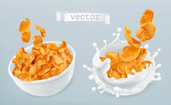 Majsflingor Och Mjölkstänk Realistisk Vektor Ikon Set — Stock vektor