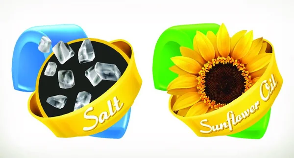 Salz Sonnenblumenöl Etiketten Realistischer Vektor Verpackungsdesign — Stockvektor