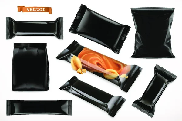 Imballaggio Polimero Nero Alimenti Barra Cioccolato Diversi Prodotti Snack Realistico — Vettoriale Stock