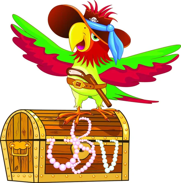 Parrot Hat Gun His Belt Pirate Parrot Standing Treasure Chest — Stock Vector