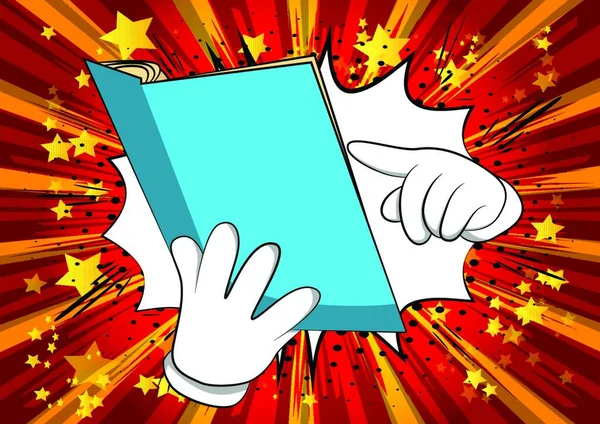 Vector Cartoon Hand Hält Und Zeigt Auf Ein Aufgeschlagenes Buch — Stockvektor