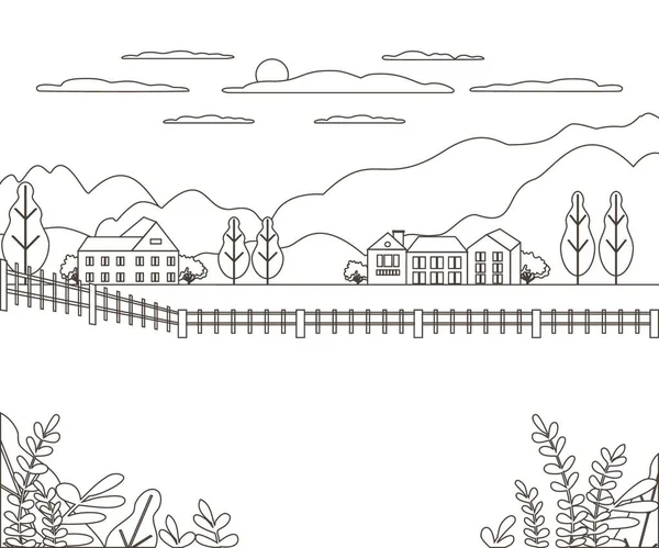 アウトラインの細い線の風景農村ファーム パノラマ設計村山 太陽と現代 ライン アートかまち抽象的な背景 線形ベクトル図 — ストックベクタ