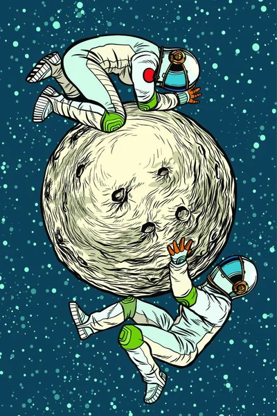 Astronautas Lua Exploração Espacial Pop Arte Retro Vetor Ilustração Kitsch — Vetor de Stock