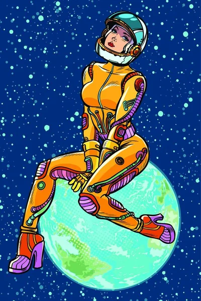 Aardedag Sexy Mooie Vrouw Astronaut Pop Art Retro Vector Illustratie — Stockvector