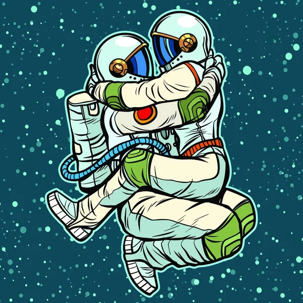 宇宙飛行士は男も女も抱きつく セクシーな情熱的なカップル ポップアートレトロベクトルイラスト ビンテージキッチュ — ストックベクタ