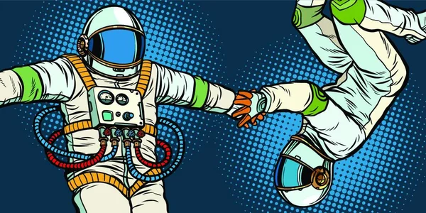 Casal Apaixonado Astronautas Mãos Dadas Pop Arte Retro Vetor Ilustração — Vetor de Stock