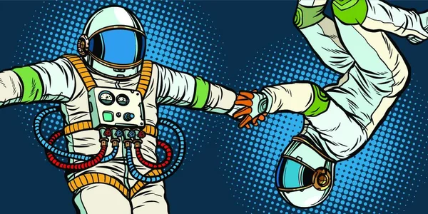 Birbirine Aşık Bir Çift Ele Tutuşan Astronotlar Pop Art Retro — Stok Vektör