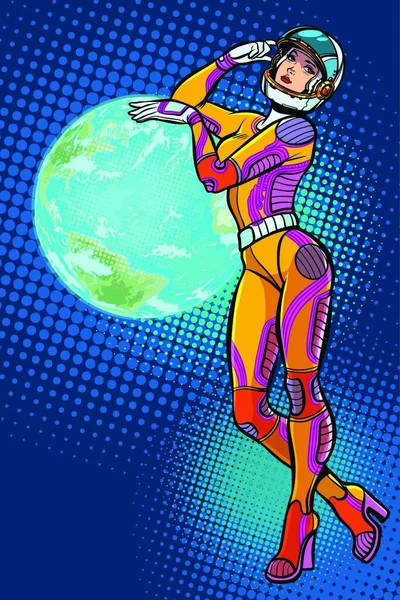 Earth Day Sexy Beautiful Woman Astronaut Pop Art Retro Vector — Stock Vector