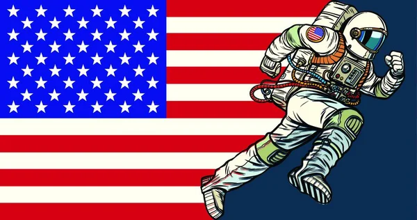 Americký Vlastenec Astronautů Běží Vpřed Americká Vlajka Pop Art Retro — Stockový vektor