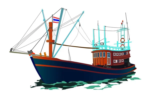 タイ漁船ベクトルイラスト 海に浮かぶ木製のネイティブボート — ストックベクタ
