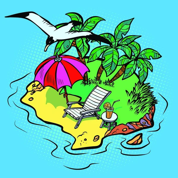 Tropický Ostrov Turistické Letovisko Pláž Lehátko Osamělý Pták Racek Komiks — Stockový vektor