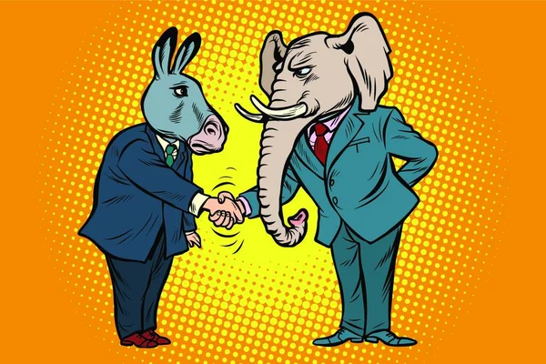 Osel Potřásá Sloní Rukou Demokratičtí Republikáni Komiks Karikatura Pop Art — Stockový vektor