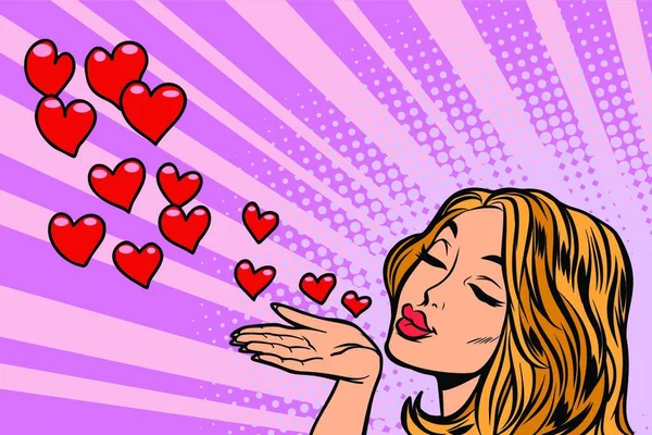Uma Mulher Soprar Coração Beijo Desenhos Animados Quadrinhos Pop Arte —  Vetores de Stock