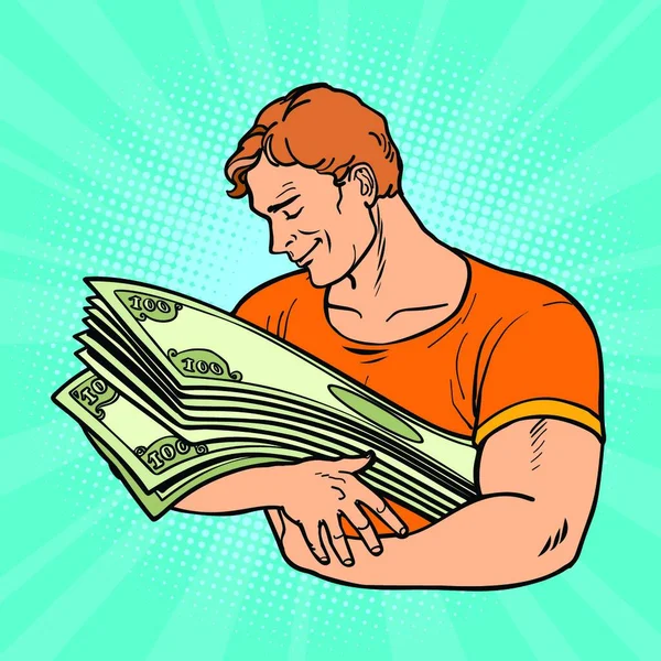 Muž Miluje Peníze Péči Ochranu Financí Komiks Karikatura Pop Art — Stockový vektor