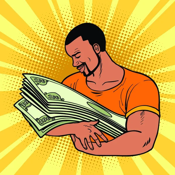 アフリカの男はお金を愛し 財政の世話と保存 漫画ポップアートベクトルレトロヴィンテージ図面 — ストックベクタ