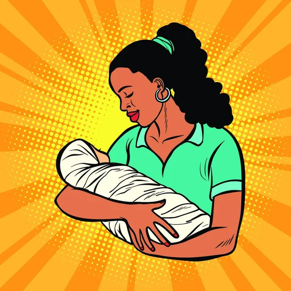 Madre Africana Con Neonato Donna Bambino Fumetto Pop Art Vettoriale — Vettoriale Stock
