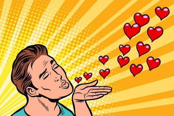 Hombre Aire Beso Corazón Dibujo Cómico Dibujos Animados Pop Vector — Vector de stock
