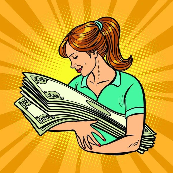 Женщина Любит Деньги Банковская Лотерея Комикс Мультфильм Векторный Ретро Рисунок — стоковый вектор