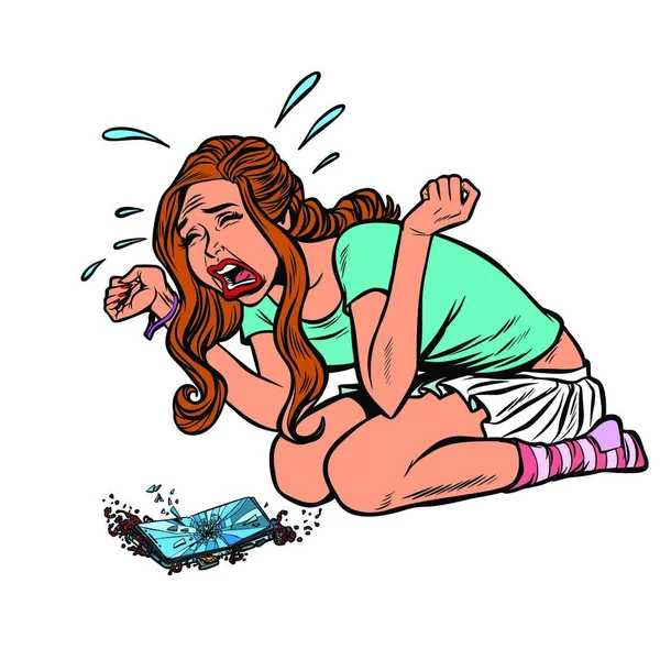 Girl Broken Phone Crying Screaming Comic Cartoon Pop Art Retro — Stock Vector