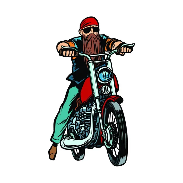 骑摩托车的留着胡子的男子在白色背景的摩托车隔离 漫画流行艺术矢量复古古画 — 图库矢量图片
