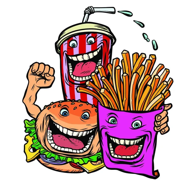 Burger Cola Drink Fries Potatoes Fast Food Characters Friends Lunch — Stock Vector