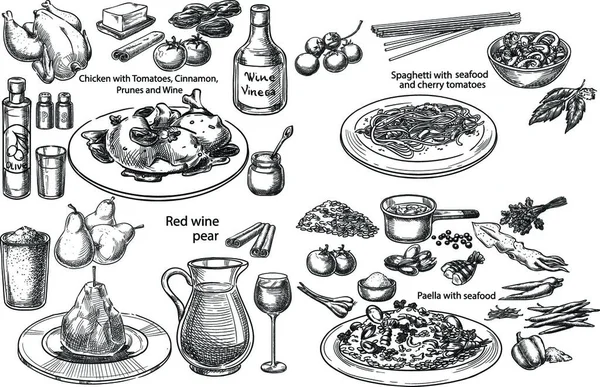 Conjunto Vector Conceptual Creativo Bosquejo Dibujado Mano Diferentes Platos Mediterráneos — Archivo Imágenes Vectoriales