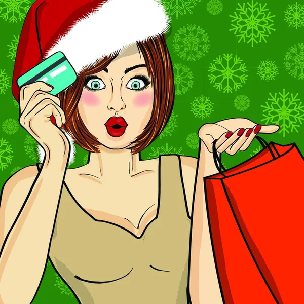 Santa Girl Com Sacos Cartão Crédito Ilustração Arte Pop —  Vetores de Stock