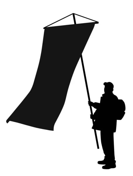 Εικονογράφηση Ενός Ανθρώπου Που Κρατώντας Μια Μεγάλη Κάθετη Σημαία Απομονωμένη — Διανυσματικό Αρχείο