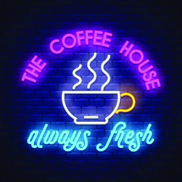 Coffee Coffee Sign Vector Tacos Badge Neon Style Brick Wall — Stock Vector
