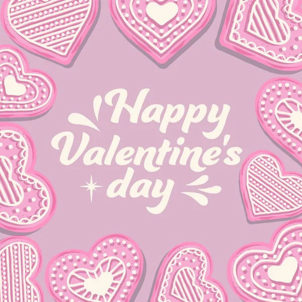 Cartão Dia Dos Namorados Com Biscoitos Rosa Projeto Plano — Vetor de Stock