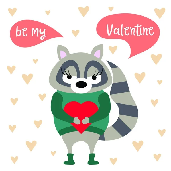 Valentinstag Karte Mit Waschbär Flaches Design — Stockvektor