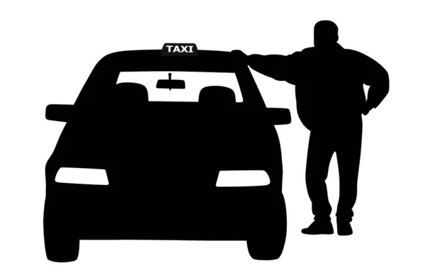 Illusztráció Egy Taxisofőrről Aki Taxisofőr Mellett Áll Egy Utasra Vár — Stock Vector
