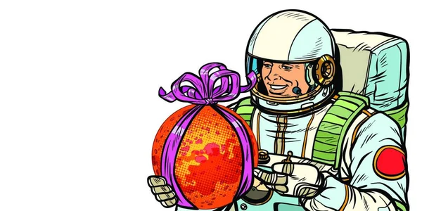 Astronaut Dává Planetě Mars Izolovat Bílém Pozadí Pop Art Retro — Stockový vektor